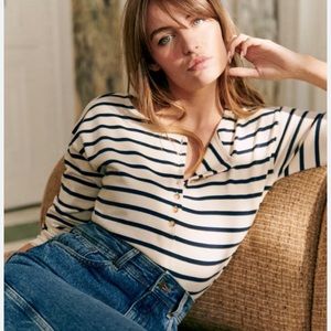 NWT Sezane Gatsby Marine Navy Stripe Button Up tee Top Size small
